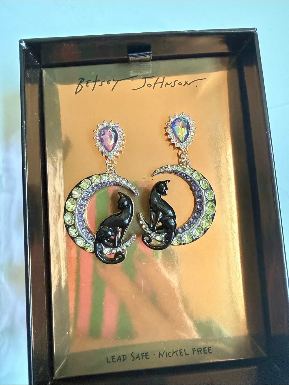 Betsey Johnson Crescent Moon & Black Cat Drop Earrings